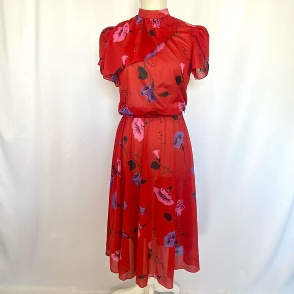 Vintage 80s Bright Red Floral Midi Dress Women’s Small New Wave Sheer Blouson - Picture 1 of 9